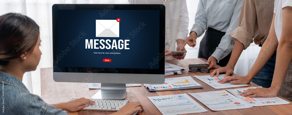 Poster Email notification message showing on computer screen brisk. Digital marketing message information text from business to customer client