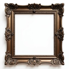 Wide bronze picture frame isolated on white background. Cut-out canvas, baroque style. Decorative antique design, copy space for art photo, portrait. Ideal for mockups, interior design projects.