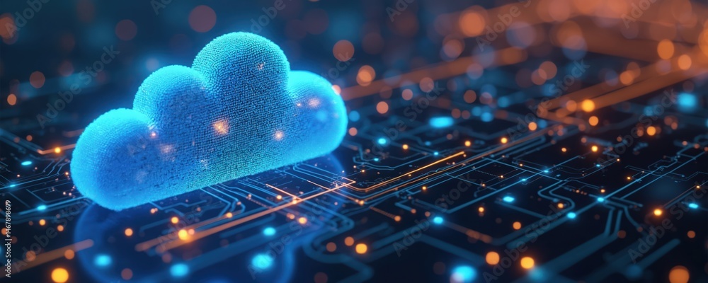 Aufkleber Blue cloud shape formed with digital dots on circuit board tech background. Cyber security data protection, data storage, cloud computing, network, global connection. Innovative services, data