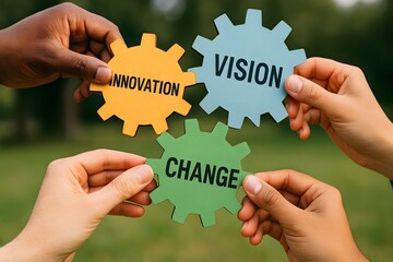 Team members connect interlocking cogs named innovation, vision, and change in a symbol of unified progress. Concept of cooperative planning and organizational evolution.