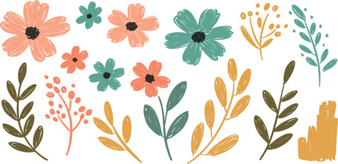 Flower kid crayon pencil vector. Childish spring floral background. Child color crayon chalk hand drawn with plant grass and spring flower. Pastel kid draw illustration