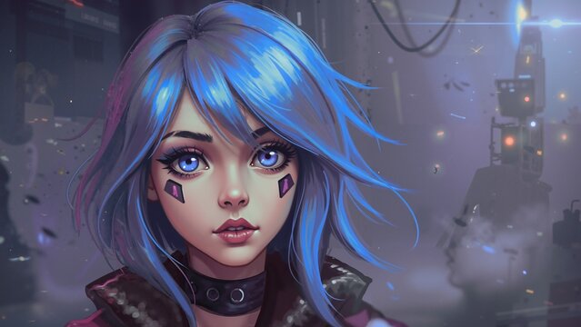 Ethereal Stylized Female Character with Vibrant Blue Hair and Striking Blue Eyes in a Serene Close-up Portrait against a Blurry Futuristic Cyberpunk Background with Particles
