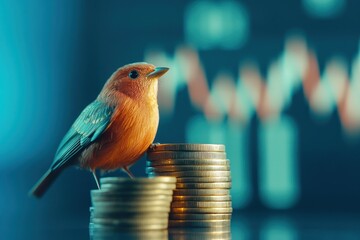 Small bird perched atop stacks of gold coins, set against a blurred financial chart backdrop