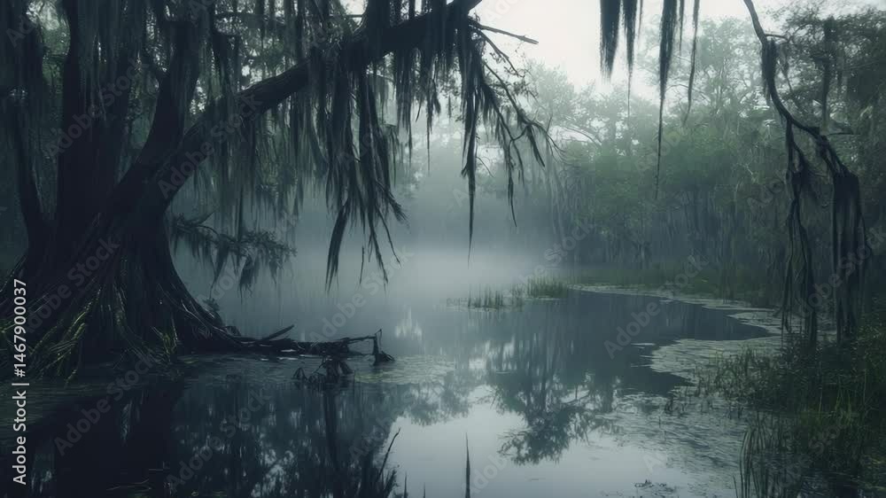 Poster A dense forest with many tall trees and waterways, perfect for using as a background or in a scene