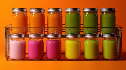 Colorful Glass Jars Filled with Vibrant Smoothies or Juices in Metal Rack on Bright Orange Background