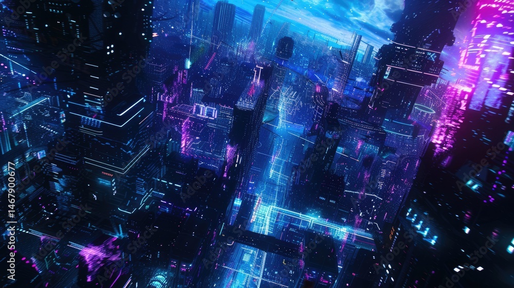 Poster abstract of digital shape or line and technological cyber style particle design connect in surreal e