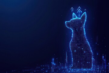 Glowing digital dog, upward arrows, dark blue background