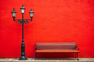 Lamppost with chair and against red wall