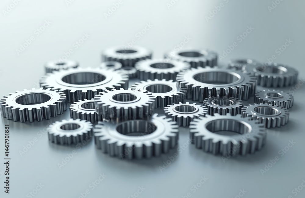 Poster interlocking gears on smooth surface. metal cogs represent synergy of tech, automation. engineering,