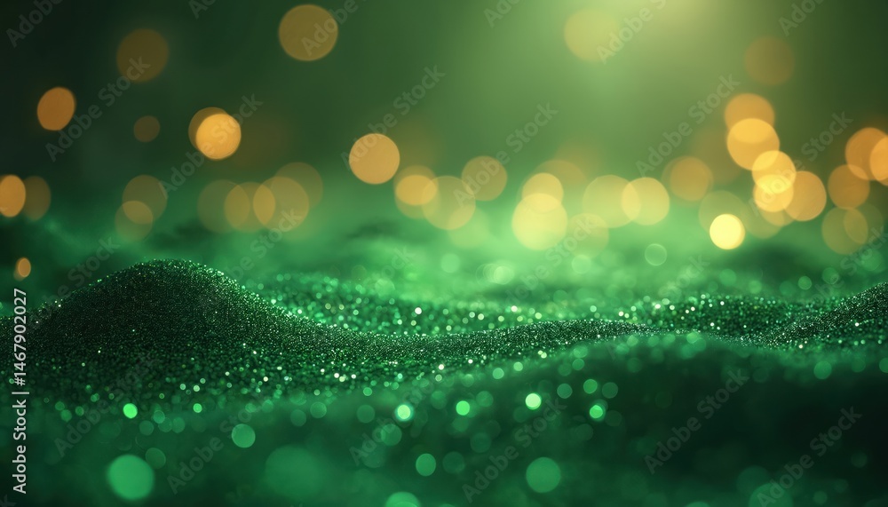 Poster illustration of abstract forest green glitter. defocused twinkly lights resemble tranquil dawn. glit