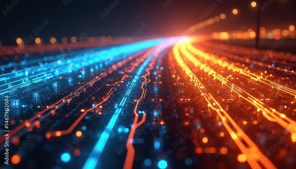 Poster Abstract digital illustration of interconnected circuits, pathways resembling highway, light trails signifying data flow across internet. Cyber world, tech concept, AI, big data, cloud computing,