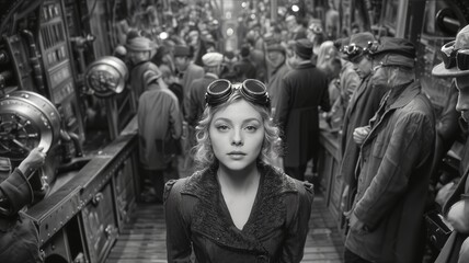 Una mujer con gafas de aviador se encuentra en medio de una multitud de personas en un entorno industrial oscuro y con aspecto de steampunk.