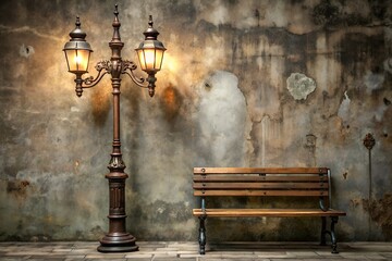 old fashioned street lamppost with bench against wall