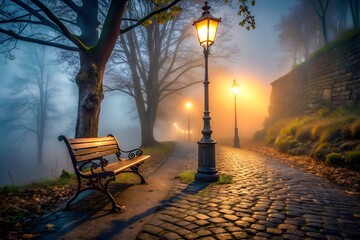 bench in the park at night. lamppost 