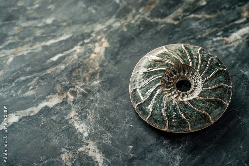Poster polished ammonite fossil with intricate spiral pattern rests on dark marble.