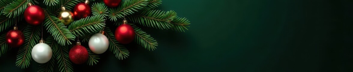 Luxurious dark green bough draped in red, white & gold baubles , elegant, photo, tree