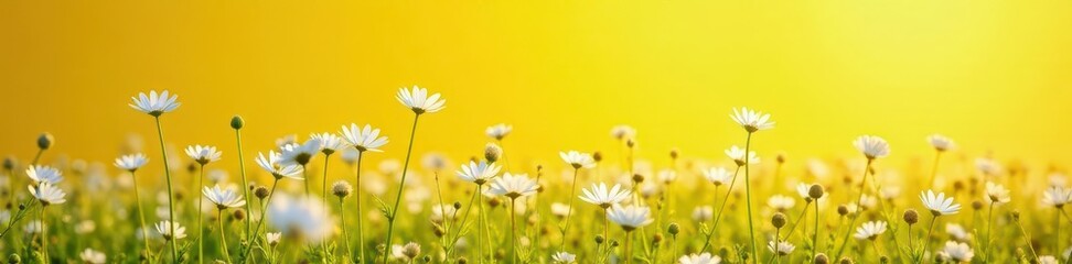 Mass of white flower heads on sunny yellow field, sunshine, blossom, flora
