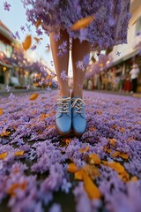 Zapatos azules sobre un suelo cubierto de flores moradas. Vista desde arriba, con un fondo borroso de gente y edificios.