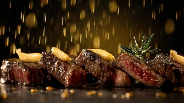 Juicy steak slices garnished with garlic and rosemary, glistening with golden seasoning