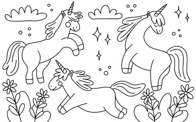 Fototapeta premium Unicorns coloring page with clouds and stars. Vector unicorns sketch set