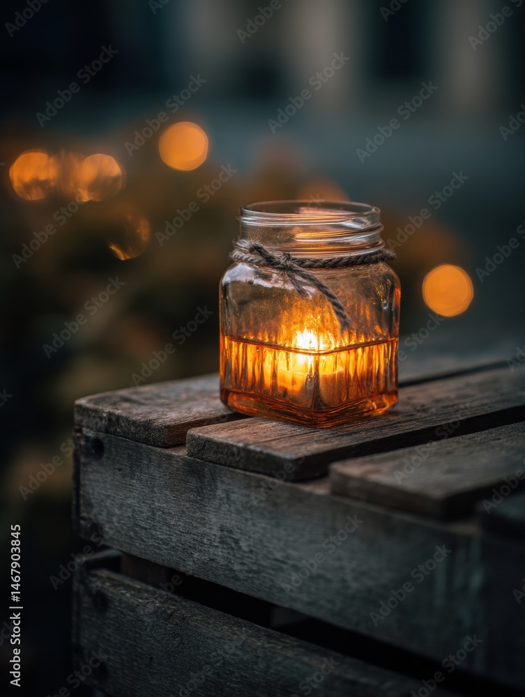 Poster burning candle inside glass jar placed on rustic wooden crate creating a warm glow in a cozy outdoor