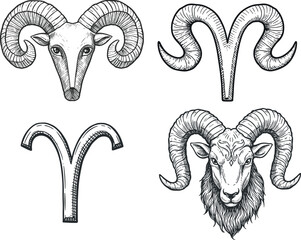 Aries zodiac symbols and ram heads in black and white engraving style