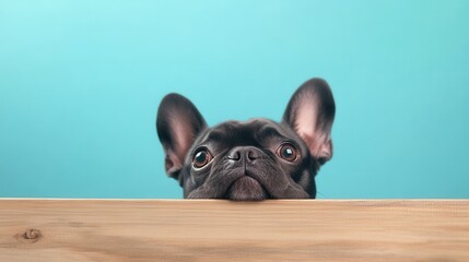 Playful chinchilla peeking over a wooden surface, fluffy fur, curious eyes, perfect for animal-themed content and pet enthusiasts.
