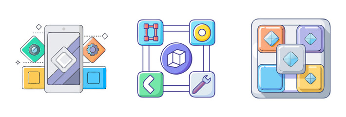App development software, design process and optimization elements represented through icons