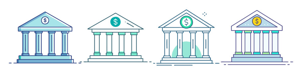 Fototapeta premium Modern bank building icon set, 4 flat line vector illustrations of financial institutions, classic courthouse architecture with dollar signs