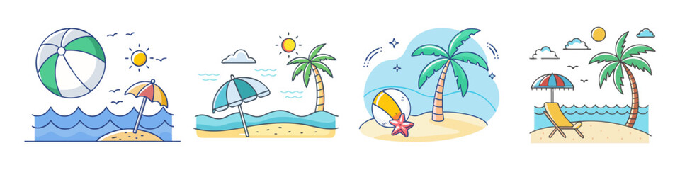 Cartoon illustrations of summer beach scenes with umbrellas, palm trees and beachballs