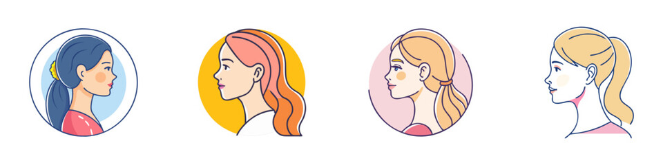 Diverse Cartoon Women in Profile with Round Backgrounds and Varying Hairstyles