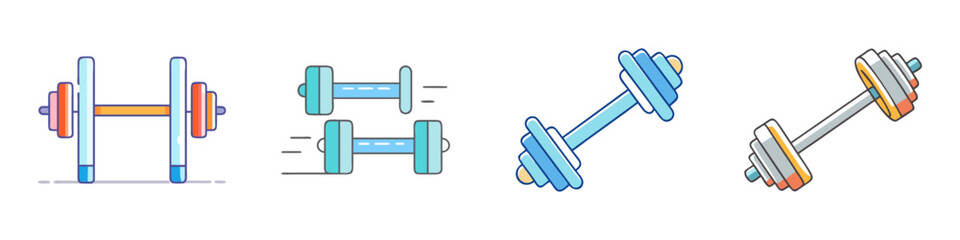 Illustrated set of dumbbells for weightlifting and fitness, various angles shown