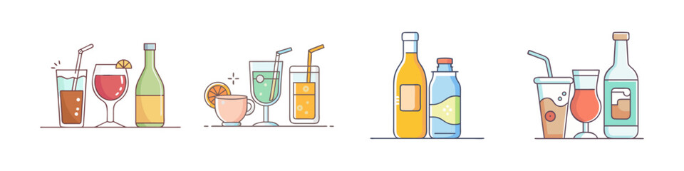 Collection of Flat Design Styled Drink Illustrations Featuring Cocktails and Beverages