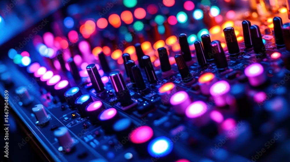 Poster professional audio mixing console with vibrant led lights. close-up view of knobs and buttons