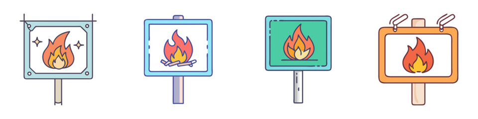 Various stylized signs warning about fire hazard and safety in nature
