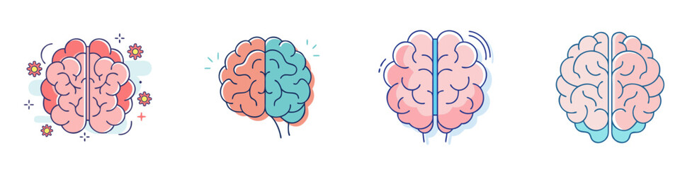 Four different styles of brain illustrations depicting the duality of mind