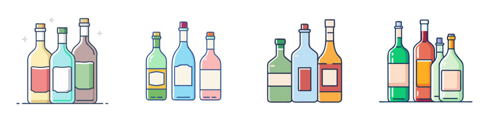 Colorful array of assorted wine bottles grouped in fours on white backdrop