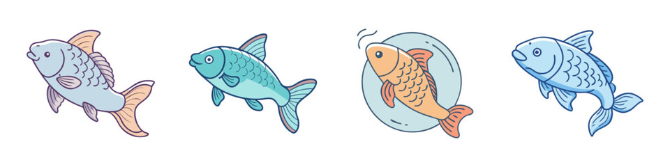 Cute Cartoon Fish Illustrations with Scales Fins and Aquatic Style Elements