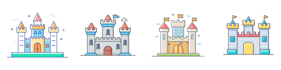Fototapeta premium Medieval castle flat line icons, set of 4 fairytale fortress vector illustrations, colorful palace buildings with towers and flags