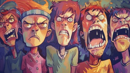 The abstract picture of angry between human in community with madness face express negative expression. Conflict of people in society have anxious emotions with depress and pressure atmosphere. AIG53.