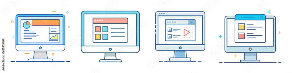 Fototapete vector illustration of modern desktop computer with multiple screens and different interfaces