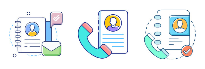 Illustrations depicting different methods of communication, including contact and confirmation