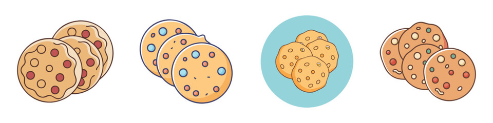 Four Sets of Whimsical Cartoon Cookies with Varied Sprinkles and Color Schemes