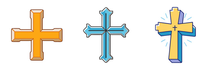 Obraz premium Three stylized Christian crosses in different designs and color palettes side by side
