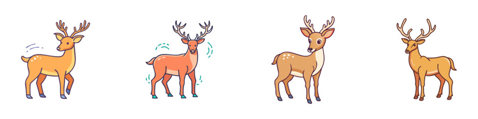 Cartoon deer collection featuring different poses and colors on white background