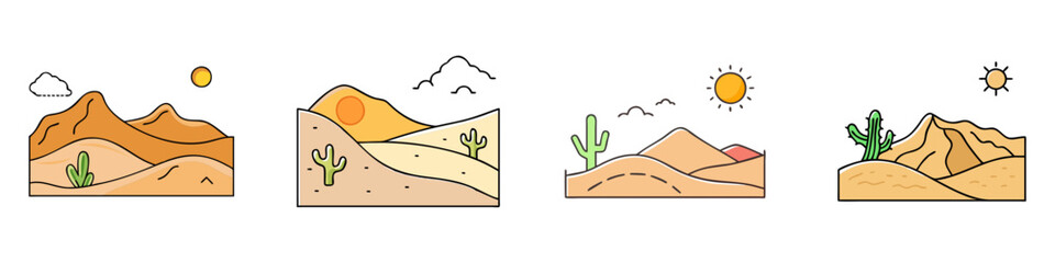 Stylized Desert Landscape Illustrations with Cacti, Mountains, Sun, and Clouds