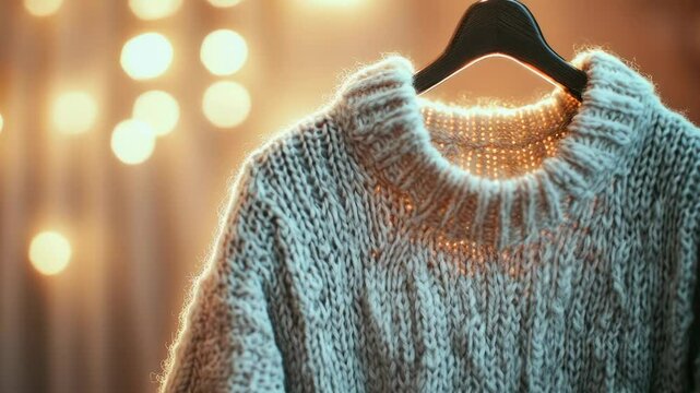 A casual sweater hanging from a hanger in front of a window