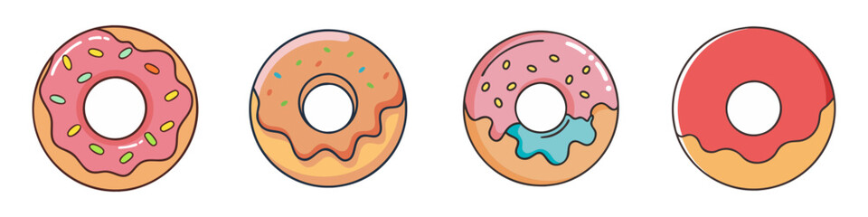 Colorful cartoon donuts in a row with different frosted toppings and sprinkles