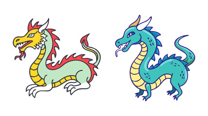 Two Cartoon Dragon Characters in Different Colors and Poses on White Background