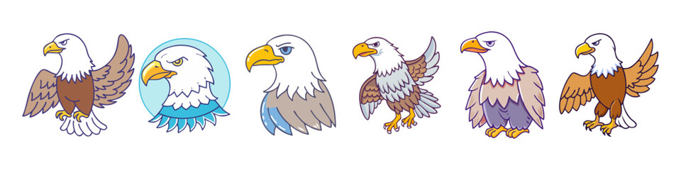 Collection of Cartoon Eagle Illustrations in Various Poses and Styles